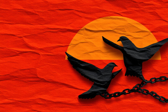 Juneteenth freedom bird Juneteenth freedom bird chain silhouette red background paper texture emancipation with hopeful doves breaking chain