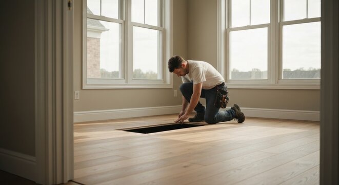 A worker kneels, inspecting an open floor vent in a light-filled room