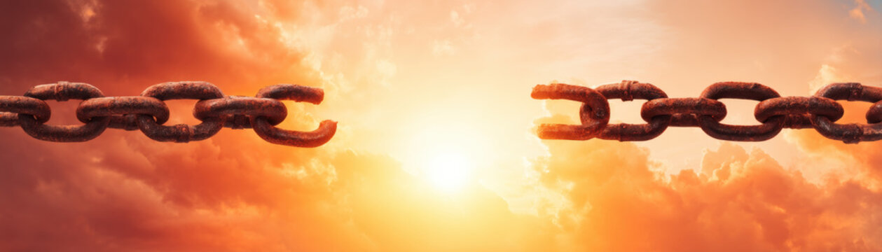 Broken chain freedom emancipation juneteenth rusty metal sunrise dramatic sky silhouette