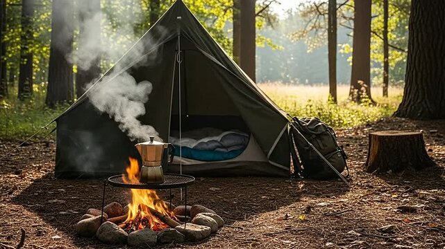 A steaming coffee pot sits on a campfire in front of a tent in the forest