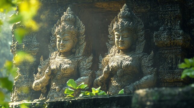 Ancient Khmer statues, sunlight through jungle foliage, temple ruins