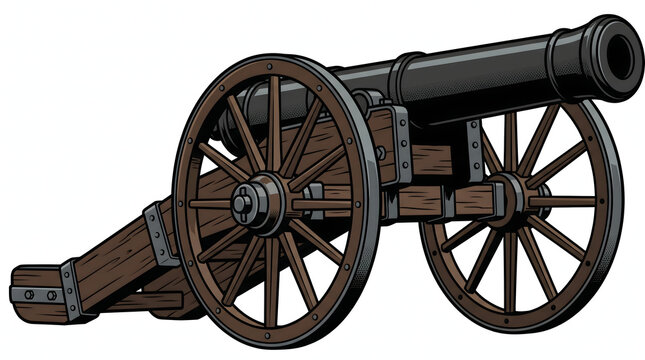 Detailed vintage field cannon illustration featuring a heavy black iron barrel mounted on a classic wooden carriage with spoked wheels isolated.