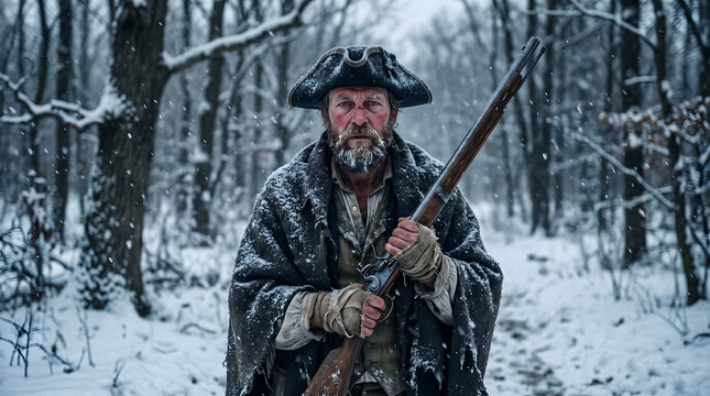 Rugged 18th century colonial frontiersman or soldier holding a vintage musket in a snow-covered forest during a harsh winter survival scene.