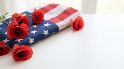 Obraz premium Memorial Day celebration with American flag and red poppy flowers on a white surface