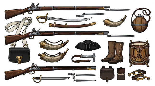 Comprehensive collection of vintage military equipment illustrations including flintlock muskets, sabers, tricorn hat, wooden drum, and powder horns on white background.