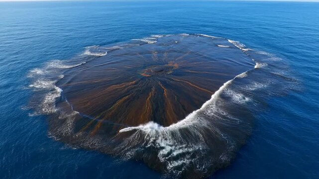Aerial view of a large brown algae bloom swirling in the deep blue ocean, illustrating natural marine phenomena and ecosystem patterns.