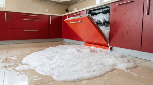 White soap foam leaking from a red dishwasher onto the kitchen floor for home appliance repair services, household insurance claims and maintenance advertising