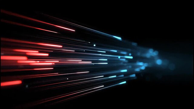 Abstract streak of red and blue lights moving rapidly into darkness