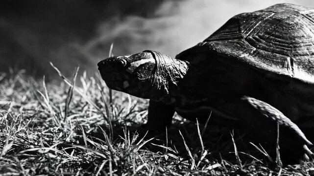 Black and white close up of a turtle slowly walking across the grass with smoke in the background.