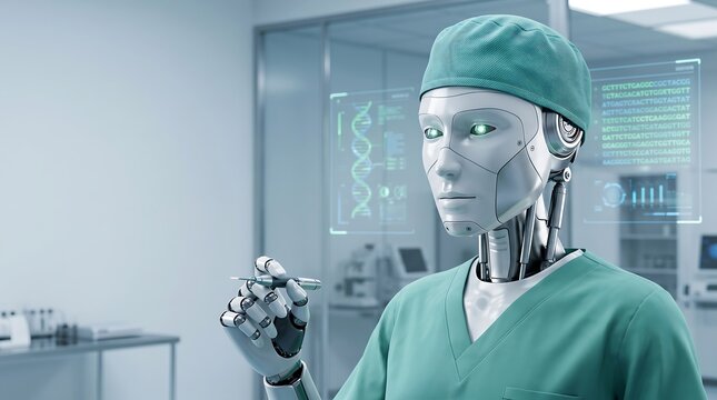 Futuristic AI robot surgeon in medical uniform holding tool