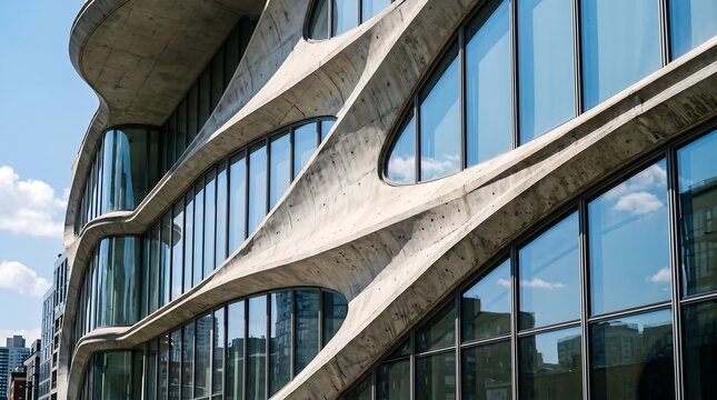 Futuristic parametric architecture facade with fluid concrete shapes