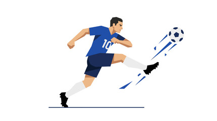 Fototapeta premium Soccer player in blue uniform kicking a ball in mid air