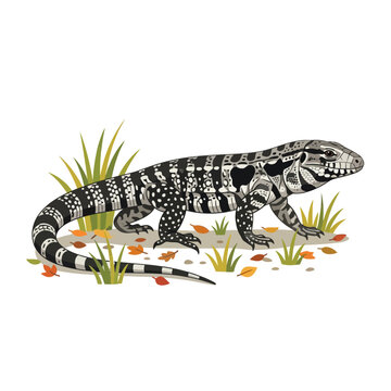 Tegu Lizard Illustration with Autumn Leaves and Grass