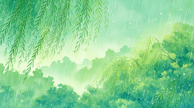 Weeping willow in the rain - Generative AI