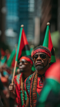 Pan African flag protest march man sunglasses headband city street juneteenth