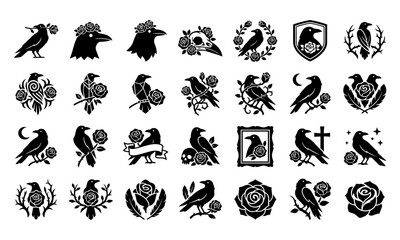 Fototapeta premium Raven and Rose Gothic Floral Icon Set for Dark Romance Tattoo, Victorian Mourning, Alternative Wedding and Occult Brand Design