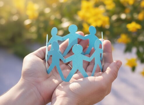Pair of hands holding a blue paper chain of people in a circle outdoors for community outreach, social equality and humanitarian global unity concepts