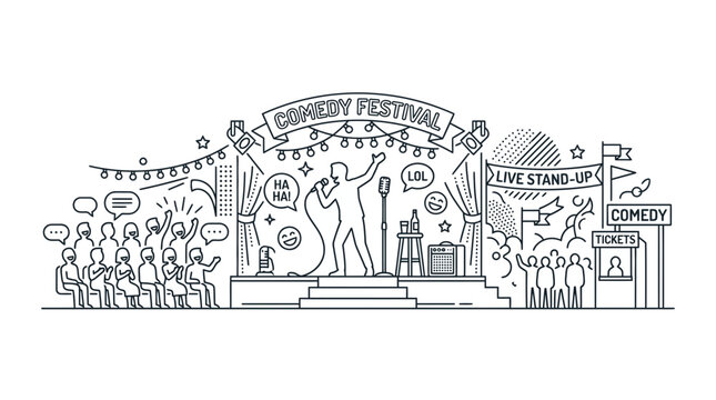 Comedy Festival Stage Performance Sketch Illustration.