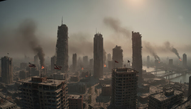 Desolate Cityscape Ruined Skyscrapers Smoke Rising After Fire at Dusk