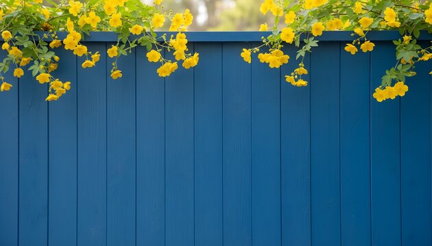 Rustic dark blue wood panel texture backdrop decorated with fresh yellow botanical blossoms and soft shadow text space