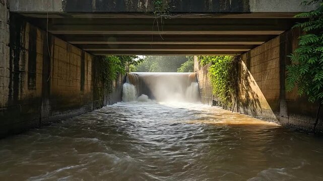 A small waterfall flows under a concrete bridge in a natural setting