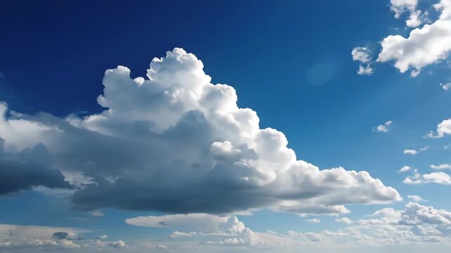 A bright blue sky filled with large, puffy white clouds and some wispy cirrus formations
