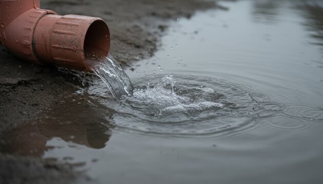 Water flowing from a drainpipe into a flooded yard for plumbing services, home maintenance insurance and climate change disaster prevention during heavy rainfall