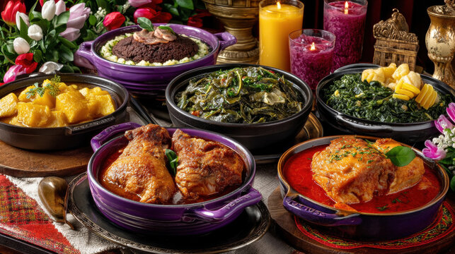 Juneteenth soul food dinner fried chicken collard greens candied yam cornbread red velvet cake red drink candlelight comfort