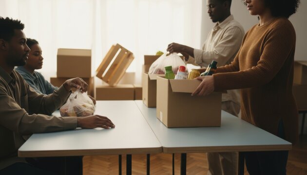 A group of people at a community donation station packing cardboard boxes with food items for humanitarian aid, social support and charity campaign visuals