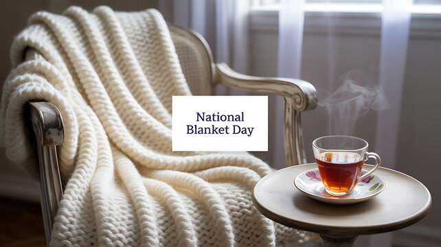 Cozy indoor scene featuring a knitted blanket draped over an armchair with a steaming cup of tea on a side table, celebrating National Blanket Day