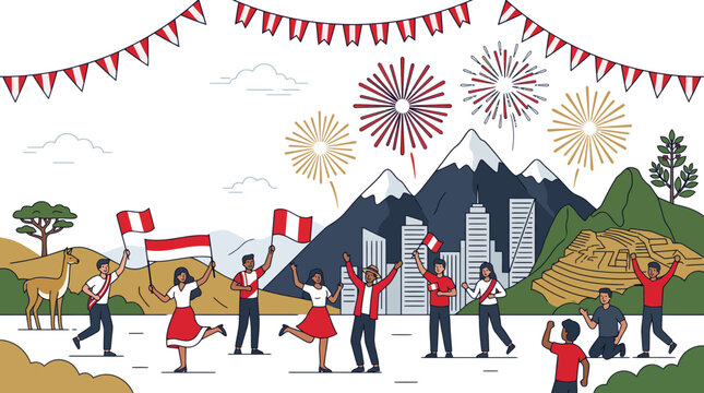 Group of diverse people celebrating with Peruvian flags.