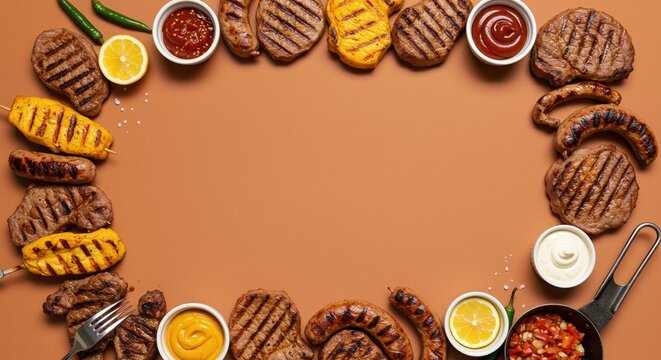 Terracotta orange background with a border of grilled meats and sauces for summer barbecue menus, food brand marketing and outdoor cookout event advertising