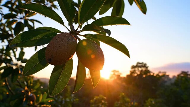 Sunrise Through Sapodilla Leaves: Nature's Morning Glow. Suitable for Tropical Farming Documentary Footage, Tropical Country Travel Video Openers, Organic Food Brand Promotional Clips