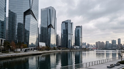 Obraz premium Glass waterfront towers rising beside calm harbor water with elegant metallic reflections