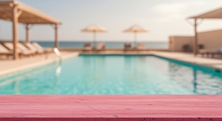 Fototapeta premium Stone tabletop surface with pink edge overlooking a blurred swimming pool for luxury resort hospitality, summer product display and travel lifestyle advertising