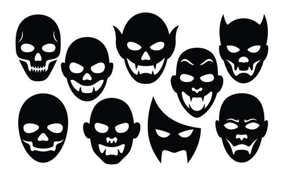 Dark fantasy silhouettes collection of ten eerie faces with exaggerated expressions and sharp features for horror themed graphic design projects or spooky seasonal content