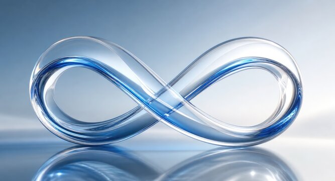 Futuristic transparent infinity loop symbol with sleek blue gradient lighting, abstract modern design, 3D rendered digital art for innovation, technology, and endless possibilities concept