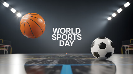 World Sports Day celebration featuring a basketball and soccer ball in a sports arena setting