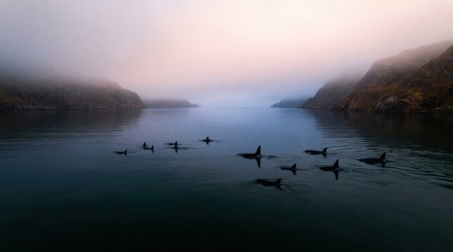 Dolphin migration hidden bay NTT silent pod moving through dark mirror water at dawn