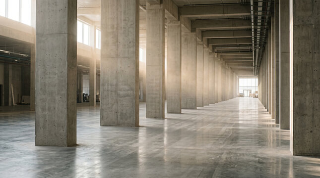 Architectural concrete columns aligned in perfect perspective for clean construction and modern structural engineering design