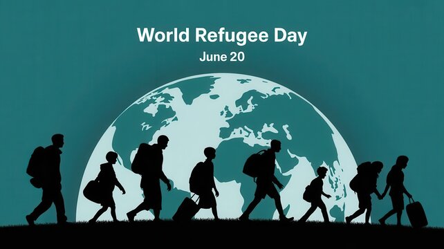 World Refugee Day conceptual illustration with silhouettes of people migrating across the globe