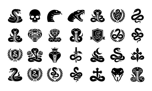 Snake and Cobra Emblem Icon Set for Tattoo Design, Gang Branding, Heraldic Crest, Gothic and Dark Themed Apparel Applications