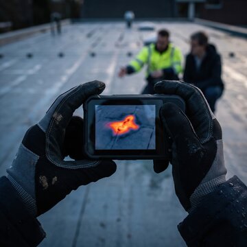 Gloved hands holding a thermal camera during a roof inspection for home energy audits, building maintenance and industrial leak detection services on a flat rooftop