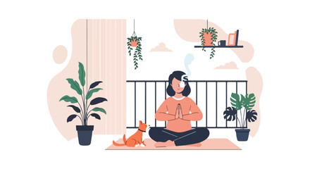 Fototapeta premium A woman practices yoga on her balcony, accompanied by her cat and several lush houseplants, creating a serene and mindful atmosphere at home.