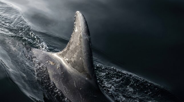 Dolphin migration hidden bay NTT extreme macro of scarred dorsal fin slicing through dark water
