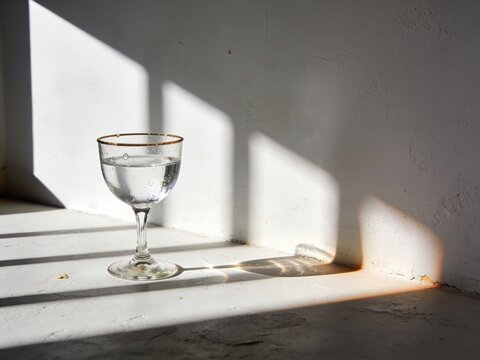 Dramatic long shadows and light patterns on a wall beside a glass of water for minimalist lifestyle branding, product advertising and creative interior design