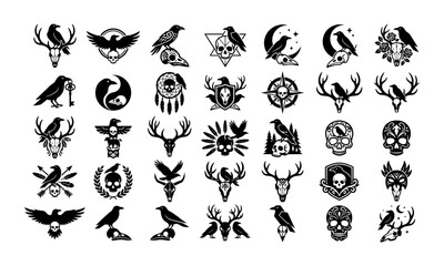 Fototapeta premium Raven Skull and Antler Dark Emblem Icon Set for Gothic Tattoo, Occult Branding, Folklore Symbolism and Alternative Art Design