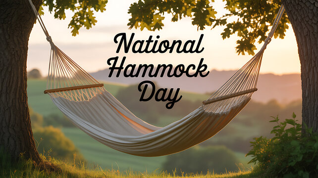 National Hammock Day celebration with a hammock suspended between two trees in a serene outdoor setting at sunset