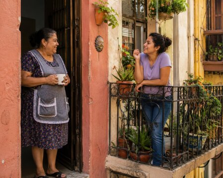 Two women talking on balcony with potted plants in warm sunlight outdoor home setting