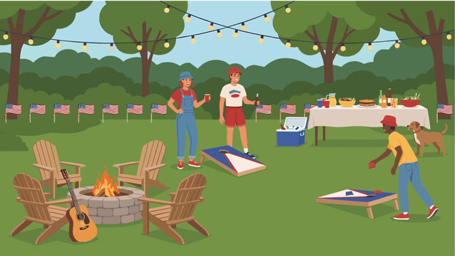 Flat Vector Backyard Cornhole Game, Friends Playing with Firepit and Adirondack Chairs for Independence Day